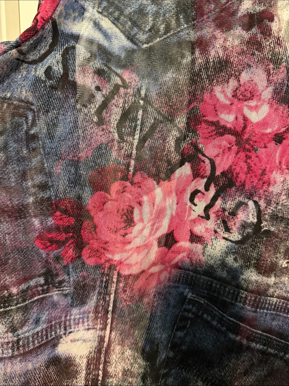 Damee Y2K Sheer Pink Floral Print Jean-Style Zip Jacket with Rhinestone Zipper - Picture 5 of 8